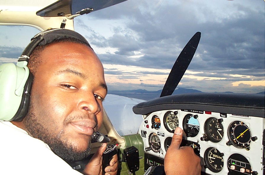 Christopher Russell at the control of Seneca GURW during an engine-shutdown exercise.  Langley Flying School.